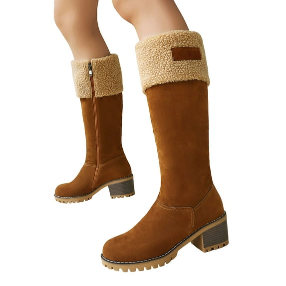 Pandaie Winter Boots for Women Chunky Heel Suede Snow Knee High Boots Comfortable Fleece Lined Pull on Warm Outdoor Shoes Khaki 5.5