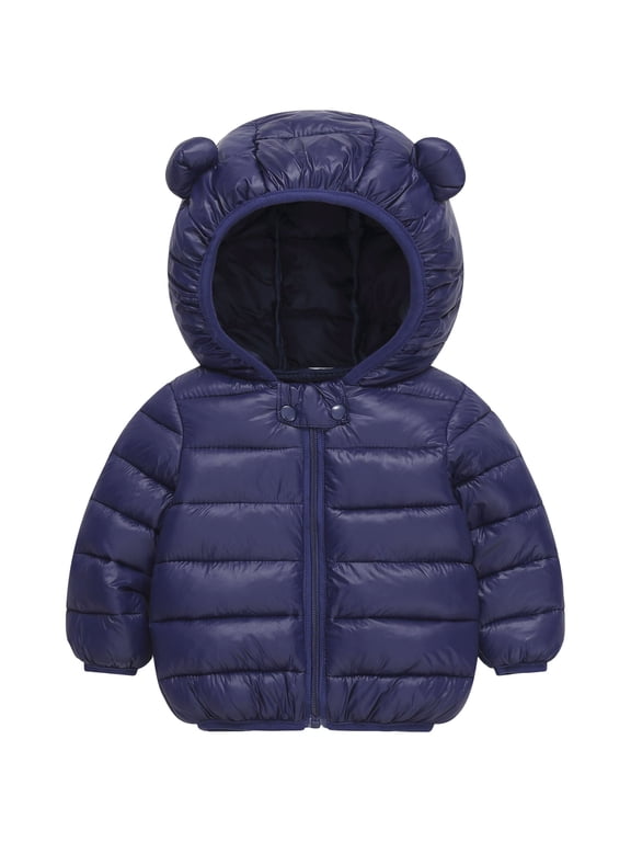 Winter Down Coats for Kids Baby Boys Girls Toddler Bear Hoods Puffy Jacket Infant Zipper up Light Padded Outwear Blue 2-3 Years