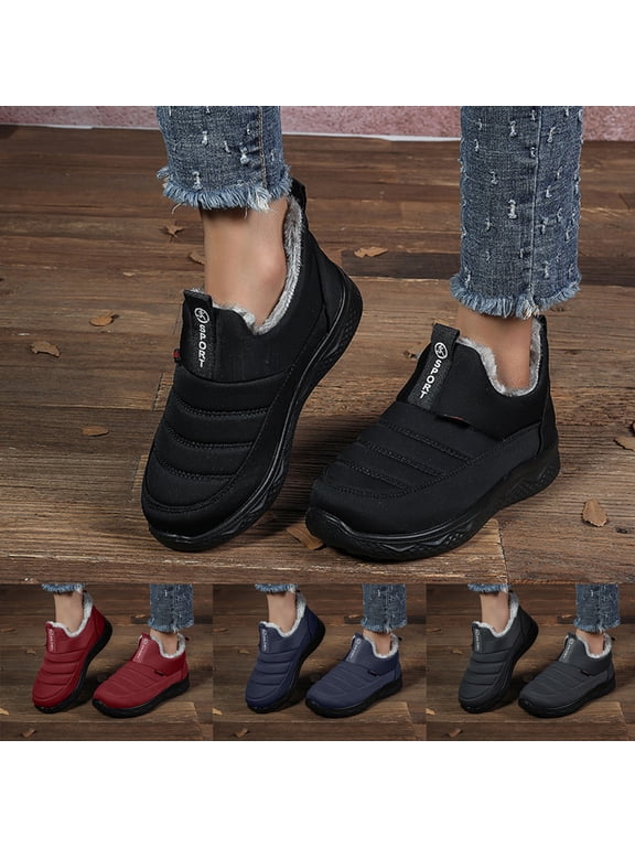 Winter Walking Shoes for Women Warm Fleece Lined Slip on Lightweight Non Slip Memory Foam Ankle Boots Low Top Platform Heel Outdoor Casual Snow Sneakers Black 6