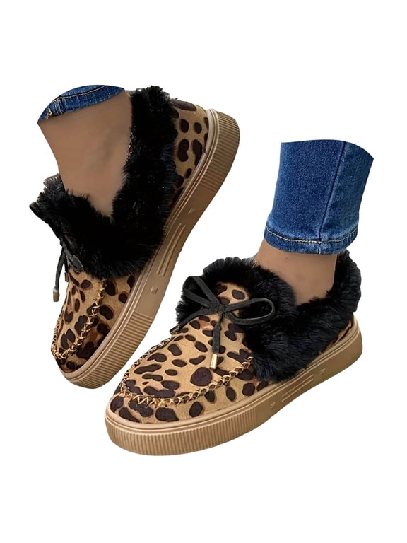 Winter Warm Boots For Women Cozy Leopard Slip on Snow Boot Comfortable Ankle Outdoor Booties Fashion Casual Loafers Shoes with Fleece Lining Brown 6.5