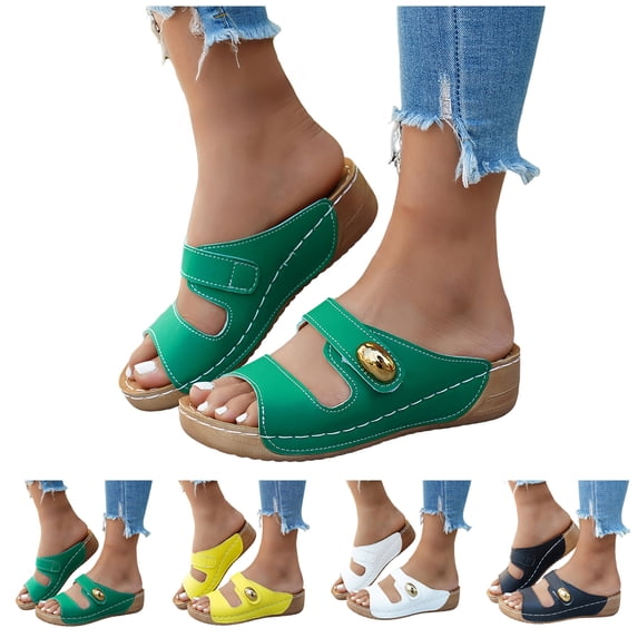 Pandaie Women Arch Support Slides Open Toe Wide Width Orthopedic Wedge Sandals Boho Comfortable Outdoor Beach Walking Shoes Black 6