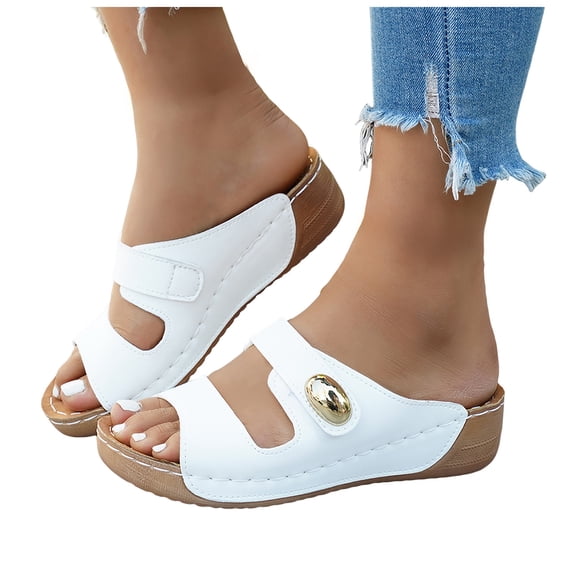 Pandaie Women Arch Support Slides Open Toe Wide Width Orthopedic Wedge Sandals Boho Comfortable Outdoor Beach Walking Shoes White 6.5