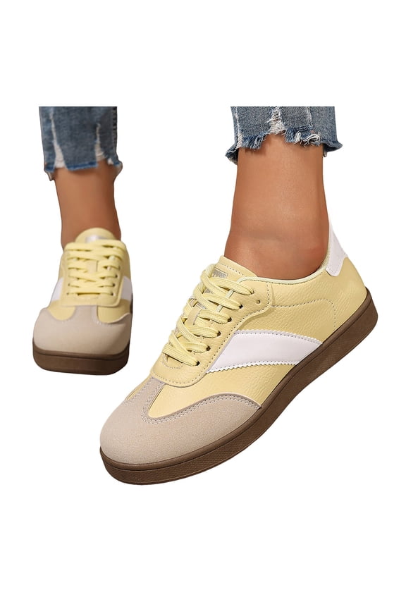 Women Classic Retro Fashion Sneakers Gums Sole Casual Tennis Slip on Walking Shoes Leather Low Top Footwear Trainers Yellow 7.5