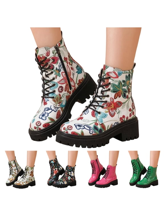 Women Printed Ankle Boots Stylish Floral Platform Lace up Leather Combat Booties Casual Party Fall Shoes Size 6-9.5