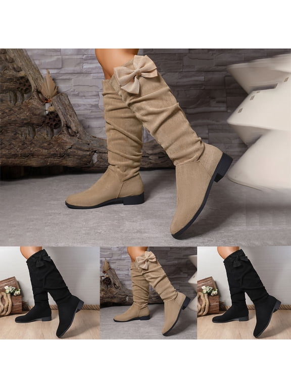 Women Slouchy Knee High Boots Sweet Bow Comfortable Square Toe Pull on Low Block Heel Tall Booties Faux Suede Cute Casual Fall Winter Riding Boot Size 6.5‑9