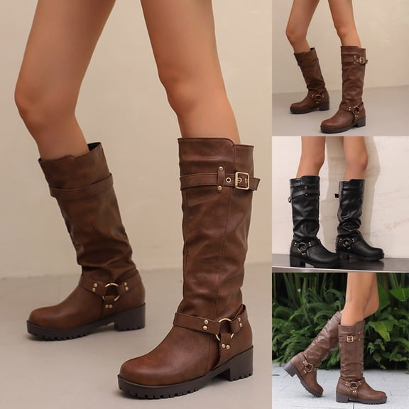 Pandaie Women Slouchy Retro Riding Boots Knee High Studs Round Toe Chunky Platform Heel Motorcycle Casual Fashion Tall Boot Size 6-10