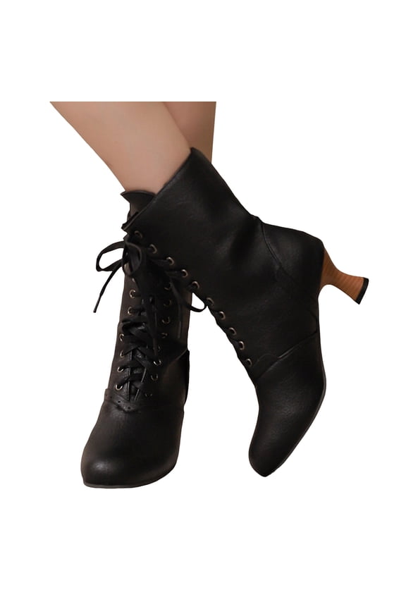 Women Victorian Boots Vintage Leather Lace up Ankle Booties Round Toe Block Mid Heel Witch Granny Punk Shoes Black 10