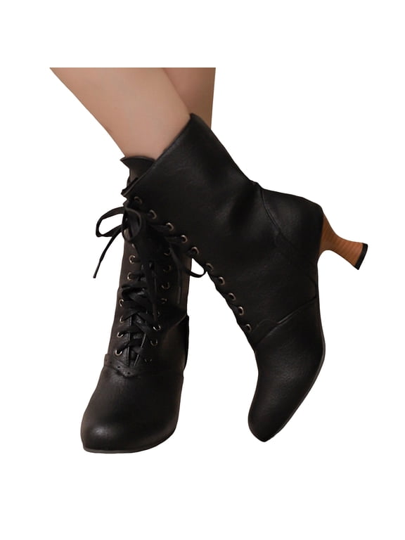 Women Victorian Boots Vintage Leather Lace up Ankle Booties Round Toe Block Mid Heel Witch Granny Punk Shoes Black 5.5
