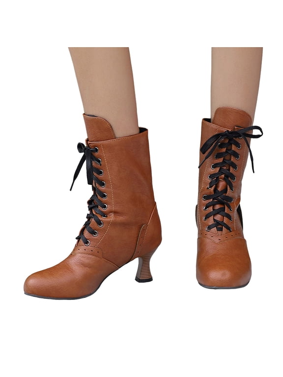 Women Victorian Boots Vintage Leather Lace up Ankle Booties Round Toe Block Mid Heel Witch Granny Punk Shoes Orange 7.5