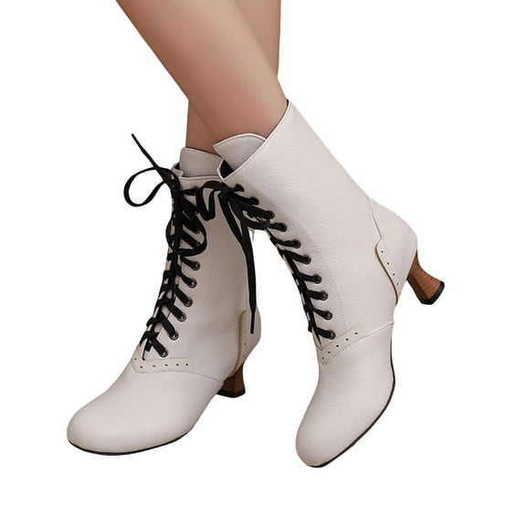 Pandaie Women Victorian Boots Vintage Leather Lace up Ankle Booties Round Toe Block Mid Heel Witch Granny Punk Shoes White 5.5