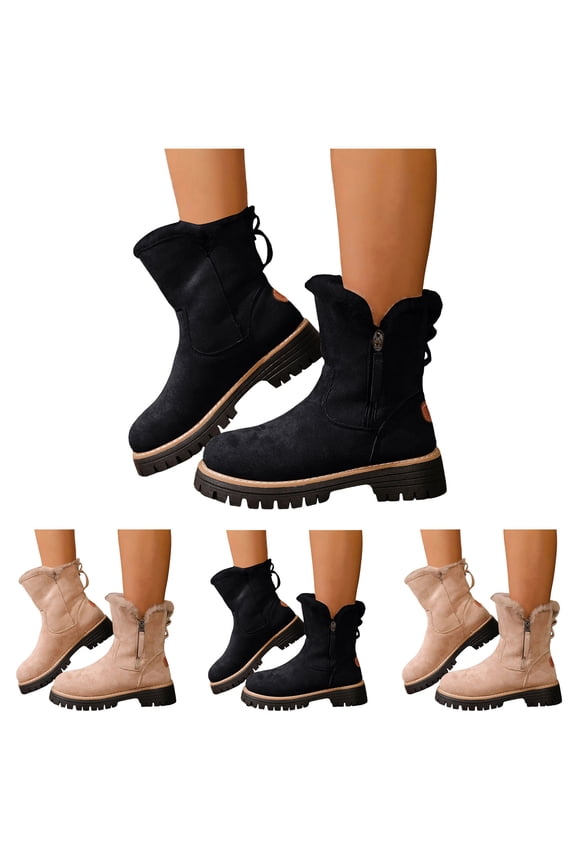 Women Winter Ankle Boots Suede Side Zip Non Slip Snow Booties Fleece Lined Warm Thermal Outdoor Walking Shoes Beige 9