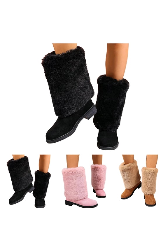 Women Winter Snow Boots Puffy Chunky Low Heel Mid Calf Booties Comfort Fuzzy Fleece Lined Outdoor Dressy Shoes Black 6