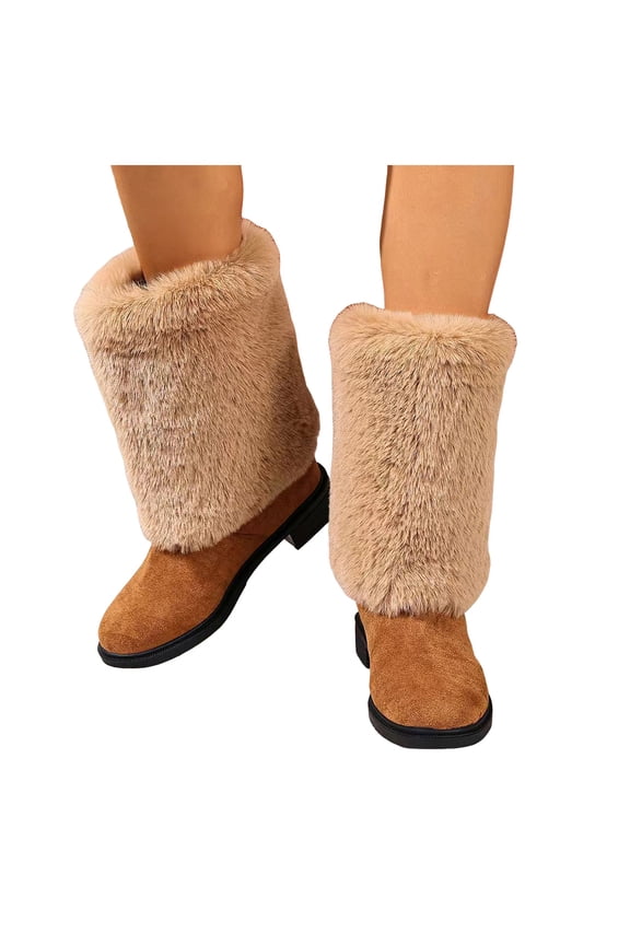Women Winter Snow Boots Puffy Chunky Low Heel Mid Calf Booties Comfort Fuzzy Fleece Lined Outdoor Dressy Shoes Brown 8