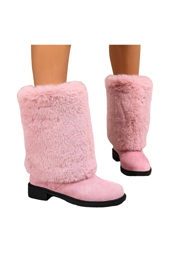 Women Winter Snow Boots Puffy Chunky Low Heel Mid Calf Booties Comfort Fuzzy Fleece Lined Outdoor Dressy Shoes Pink 9