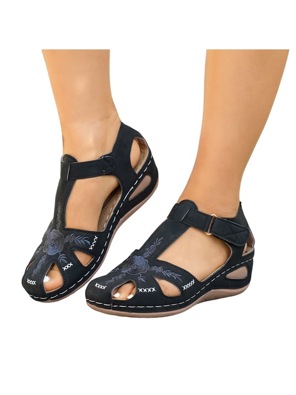 Women's 2026 Wedge Sandals Platform Closed Toe Ankle Strap Casual Dressy Fisherman Summer Shoes with Arch Support (Black,5.5)