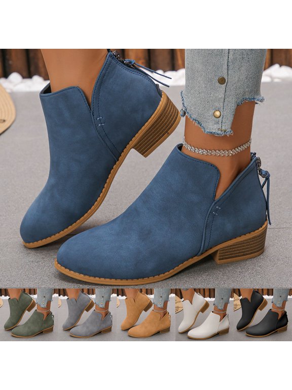 Women's Ankle Booties Fashion V Cut Slip On Short Boots Stacked Block Low Heel Pointed Toe Western Boots for Fall Winter Daily Work Vacation Walks AG 8