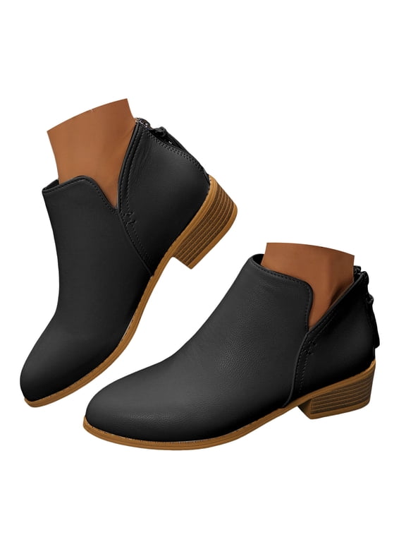 Women's Ankle Booties Fashion V Cut Slip On Short Boots Stacked Block Low Heel Pointed Toe Western Boots for Fall Winter Daily Work Vacation Walks Black 8.5