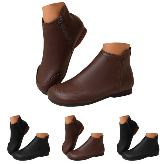 Pandaie Women's Ankle Boots 2025 Arch Support Casual Flat Fall Booties Vintage Leather Comfortable Slip on Walking Shoes with Side Zipper Black 8.5