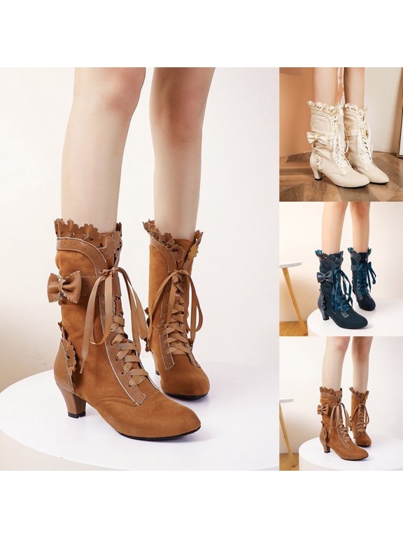 Women's Ankle Boots Bow Tie Lace up Block Heel Short Booties Retro Victorian Sweet Lolita Cosplay Party Dress Shoes Beige 6.5