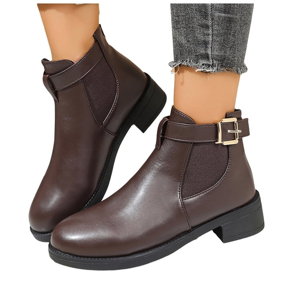 Pandaie Women's Ankle Boots Chunky Low Heel Chelsea Fall Booties Fashion Leather Round Toe Elastic Slip on Dressy Shoes Coffee 6.5