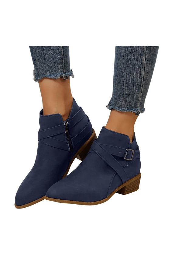 Women's Ankle Boots Chunky Low Heeled Pointy Toe Chelsea Short Booties V Cut Side Zipper Dress Western Fall 2025 Shoes Blue 8