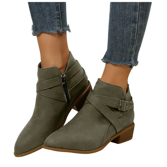 Pandaie Women's Ankle Boots Chunky Low Heeled Pointy Toe Chelsea Short Booties V Cut Side Zipper Dress Western Fall 2025 Shoes Green 6.5