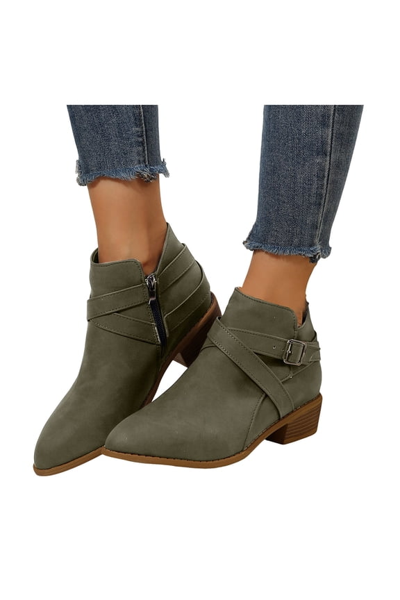 Women's Ankle Boots Chunky Low Heeled Pointy Toe Chelsea Short Booties V Cut Side Zipper Dress Western Fall 2025 Shoes Green 6