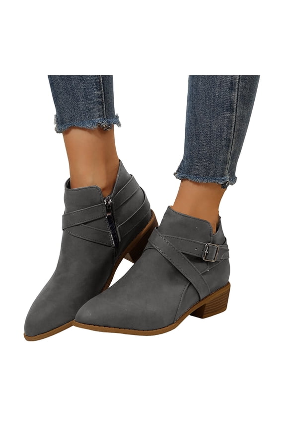 Women's Ankle Boots Chunky Low Heeled Pointy Toe Chelsea Short Booties V Cut Side Zipper Dress Western Fall 2025 Shoes Grey 7
