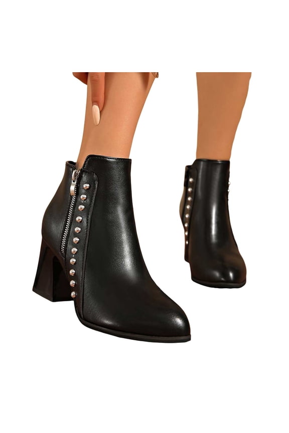 Women's Ankle Boots Rhinestone Chunky Heel Short Booties Round Toe Office Business Work Dress Pumps Shoes Black 6