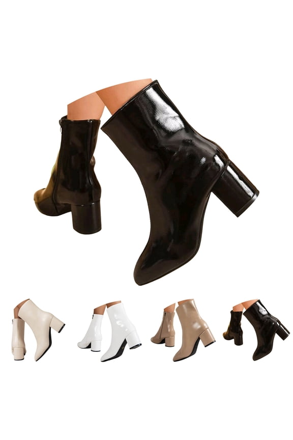 Women's Ankle Boots Square Toe Chunky Block Heel Short Sock Booties Leather Side Zipper Fall Winter Dressy Pumps Shoes Beige 6