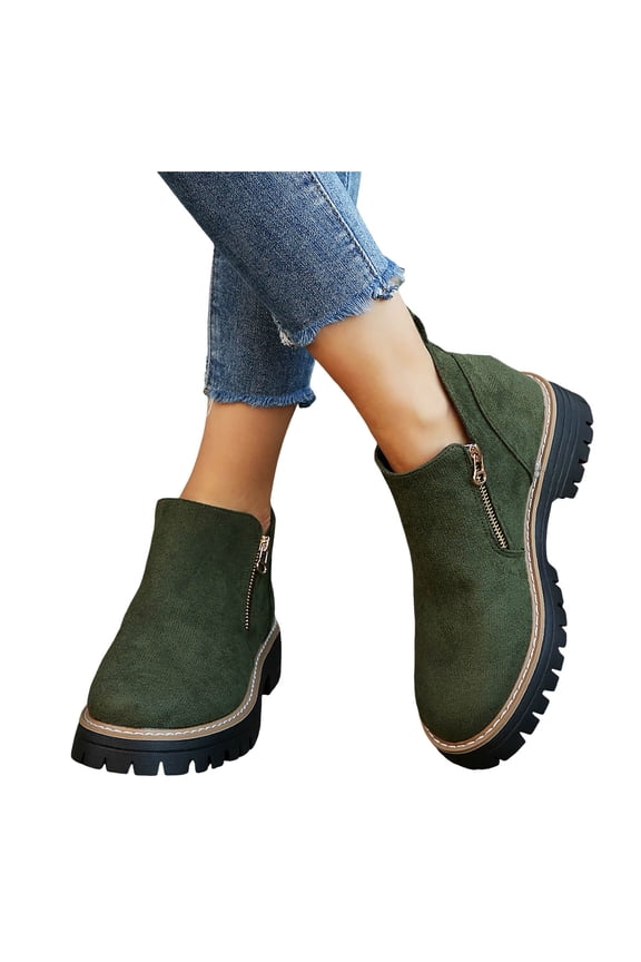 Women's Ankle Boots Wide Width Chelsea Low Heel Fall Booties Round Toe Lug Sole Casual Western Boot with Side Zipper Green 8