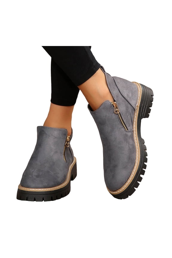 Women's Ankle Boots Wide Width Chelsea Low Heel Fall Booties Round Toe Lug Sole Casual Western Boot with Side Zipper Grey 6.5