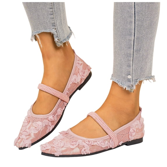 Pandaie Women's Ballet Flats Closed Pointed Toe Flower Mesh Mary Jane Comfortable Dressy Work Slip on Casual Shoes Pink 7.5