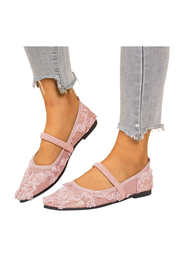 Women's Ballet Flats Closed Pointed Toe Flower Mesh Mary Jane Comfortable Dressy Work Slip on Casual Shoes Pink 9