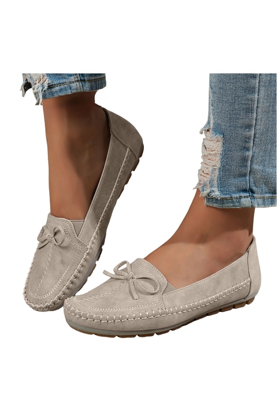 Women's Ballet Flats Comfortable Round Toe Slip on Flat Shoes Suede Bowknot Casual Dressy Work Walking Driving Loafers White Size 9.5