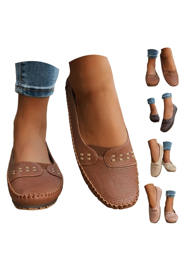 Women's Ballet Flats Shoes Leather Square Toe Dress Slip on Loafers Breathable Office Business Walking Driving Work Shoes Beige 6.5