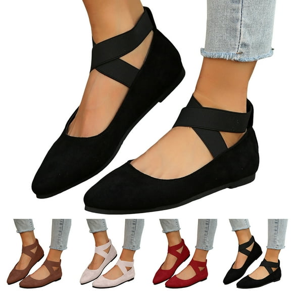 Pandaie Women's Ballet Flats with Elastic Ankle Straps Comfortable Ballerina Dance Shoes Suede Slip on Mary Jane Dressy Loafers Beige 6.5