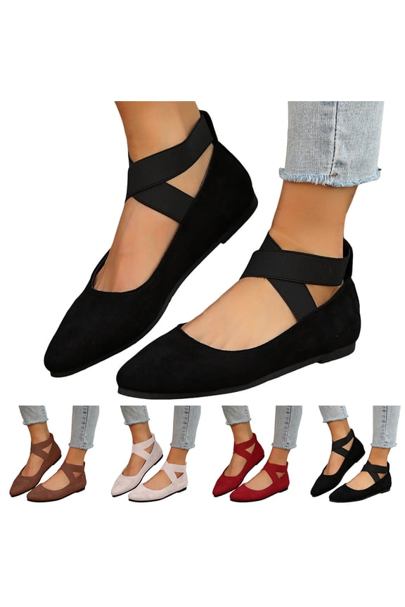 Women's Ballet Flats with Elastic Ankle Straps Comfortable Ballerina Dance Shoes Suede Slip on Mary Jane Dressy Loafers Beige 6.5