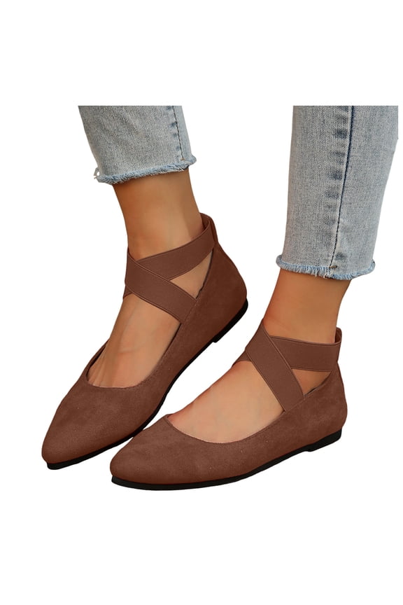 Women's Ballet Flats with Elastic Ankle Straps Comfortable Ballerina Dance Shoes Suede Slip on Mary Jane Dressy Loafers Brown 8