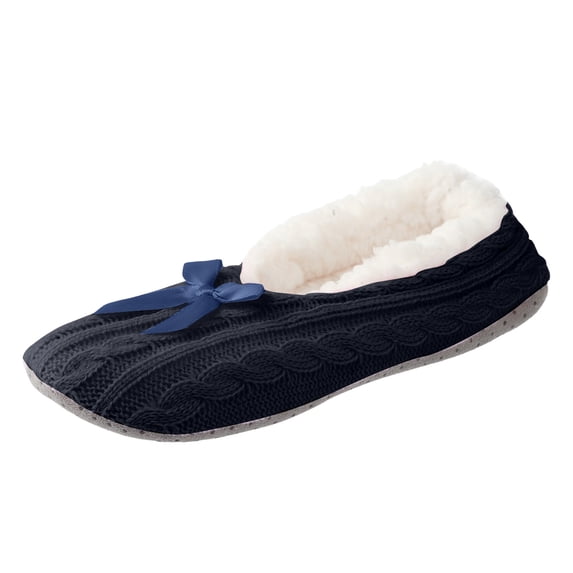 Pandaie Women’s Ballet Slippers Fuzzy Fleece Lined Knit House Slippers Bow Decor Closed Back Soft Sole Non Slip Indoor Bedroom Slipper Size 5.5‑11