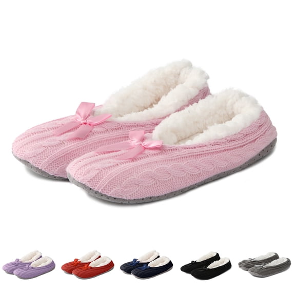Pandaie Women’s Ballet Slippers Fuzzy Fleece Lined Knit House Slippers Bow Decor Closed Back Soft Sole Non Slip Indoor Bedroom Slipper Size 5.5‑11