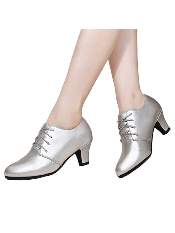 Women's Ballroom Dance Shoes Lace up Modern Latin Dancing Pumps Teaching Practice Performance Dressy Short Booties Silver 7.5