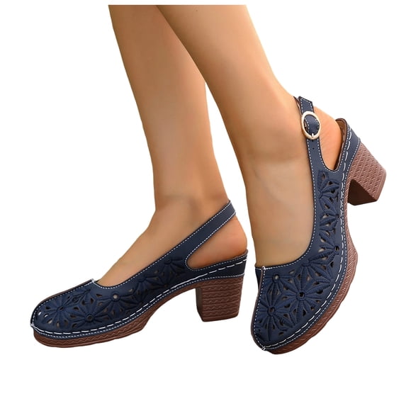 Pandaie Women's Block Chunky Heels Sandals Platform Closed Toe Orthopedic Wedge Pumps Summer Beach Slingback Heeled Dress Shoes (Blue,9)