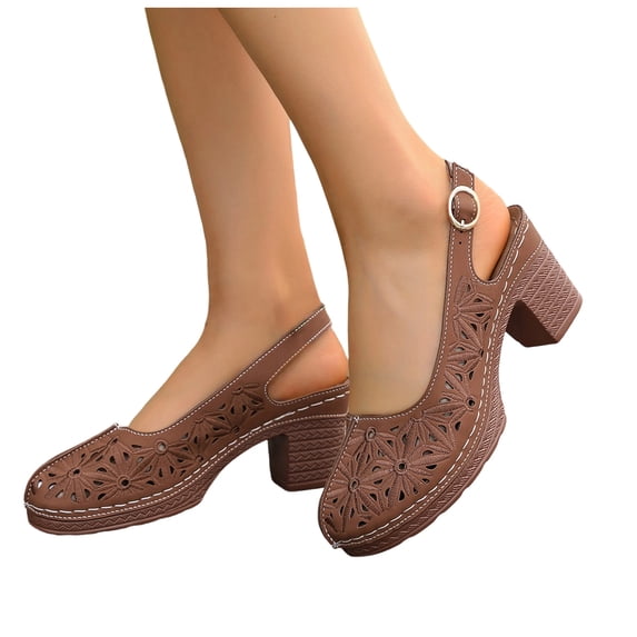 Pandaie Women's Block Chunky Heels Sandals Platform Closed Toe Orthopedic Wedge Pumps Summer Beach Slingback Heeled Dress Shoes (Brown,8.5)