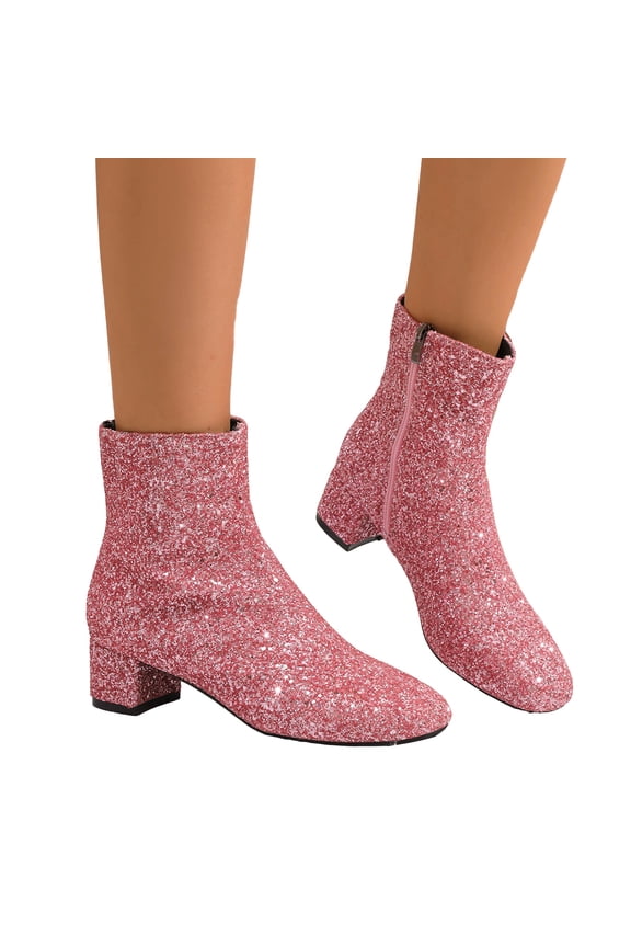 Women's Chunky Heel Ankle Booties Rhinestone Sequin Glitter Short Booties Ladies Zipper Party Prom Booties Pink 6.5