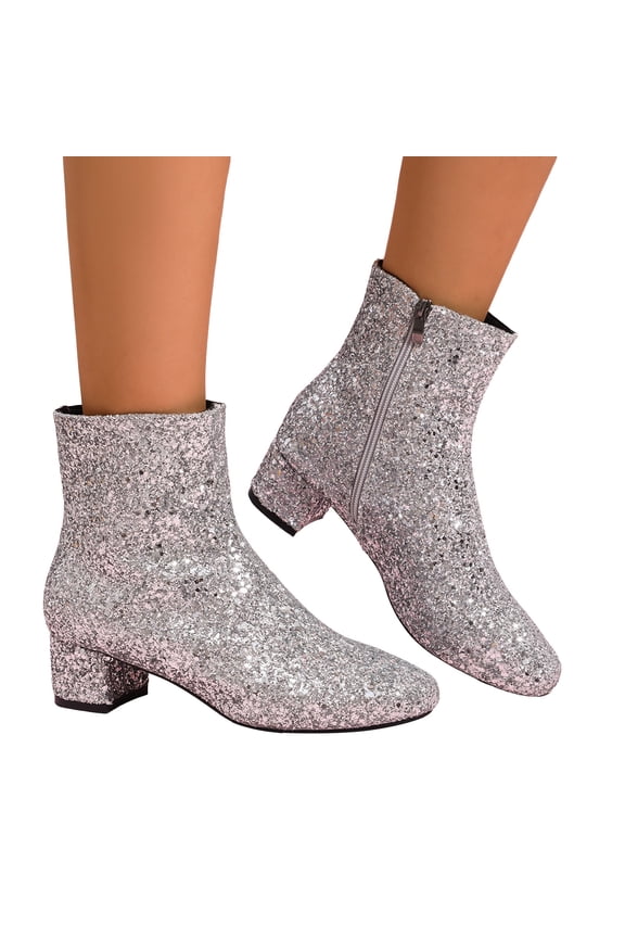 Women's Chunky Heel Ankle Booties Rhinestone Sequin Glitter Short Booties Ladies Zipper Party Prom Booties Silver 7