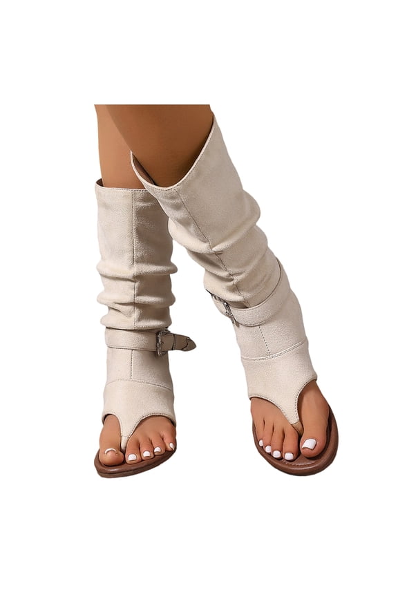 Women's Clip Toe Flip Flops Western Slouchy Knee High Open Toe Boots Comfortable Suede Low Wedge Walking Sandals White,7