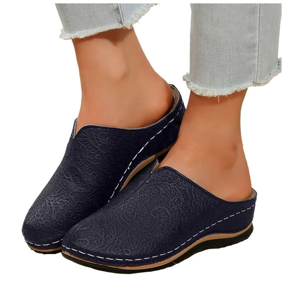 Pandaie Women's Closed Toe Mules Clogs Classic Low Wedges Platform Slip on Slides with Arch Support Comfortable Backless Walking Slippers Sandals Indoor Outdoor Blue Size 9