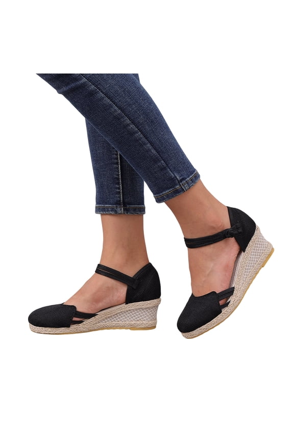 Women's Closed Toe Wedge Sandals Canvas Platform Dressy Summer Espadrille Ankle Strap Slip on Walking Shoes Black Size 7