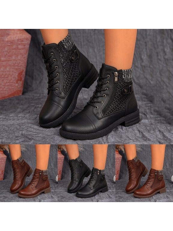 Women's Combat Ankle Boots Lace up Knitted Cuff Comfy Short Booties Side Zip Low Block Heel Round Toe Casual Outdoor Hiking Shoes Size 6‑10